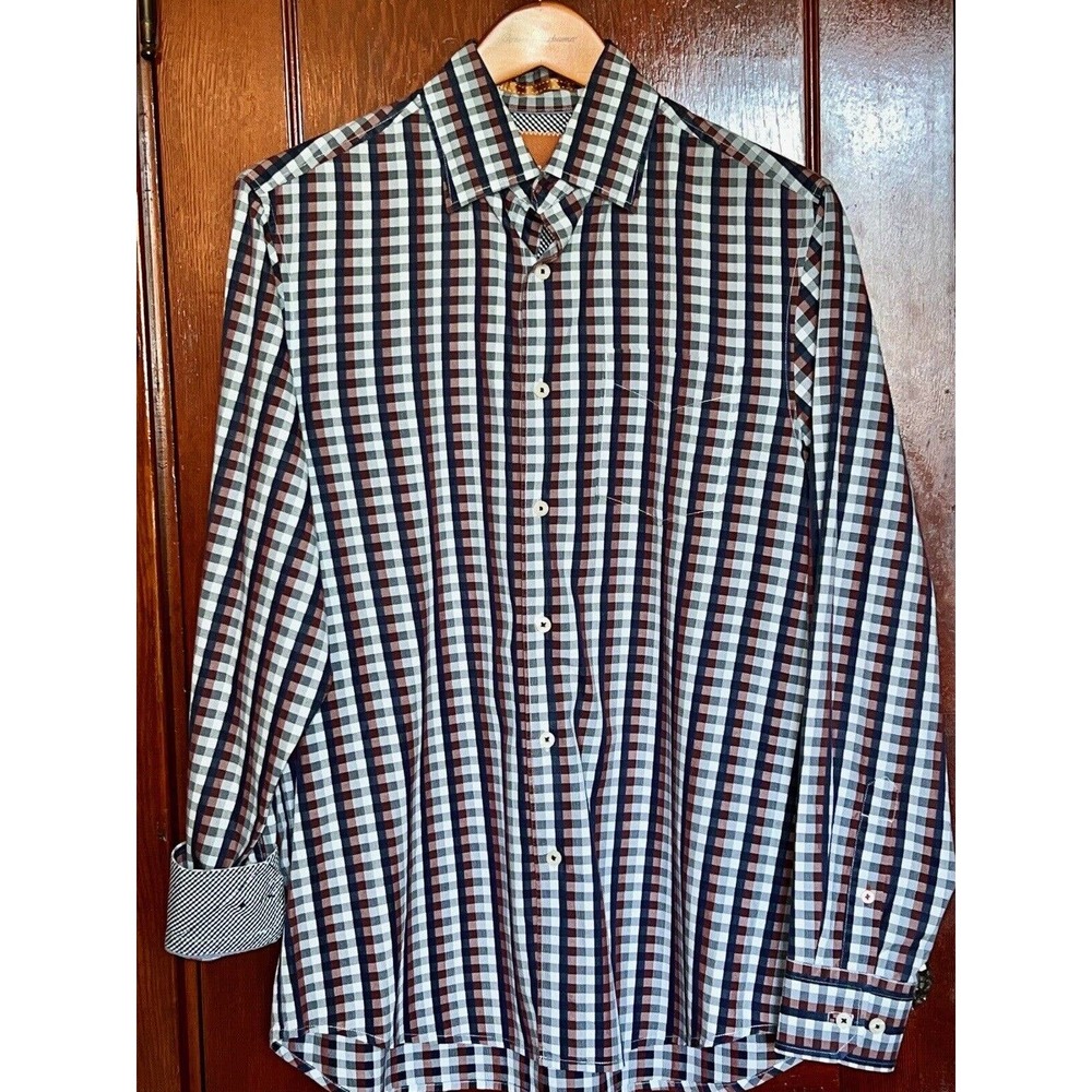TOMMY BAHAMA REDDISH BROWN NAVY GRAY CHECK COTTON LONG SLEEVE SHIRT SIZE S